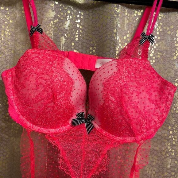 Victoria’s Secret Neon Hot Pink Polka Dot Push Up Babydoll Lingerie, 36C NWOT - Picture 2 of 10